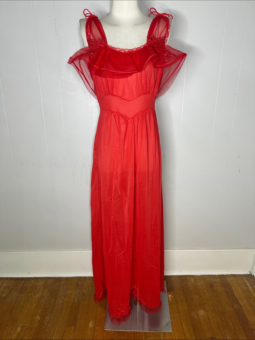 Vintage 40s/50s Deadstock Cherry Red Chiffon Nightgown Dress